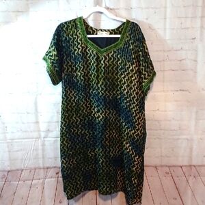 Vintage Boho   V Neck Mesh Zig Zag   Emboidery Sheer MoMo Lounge Dress  L